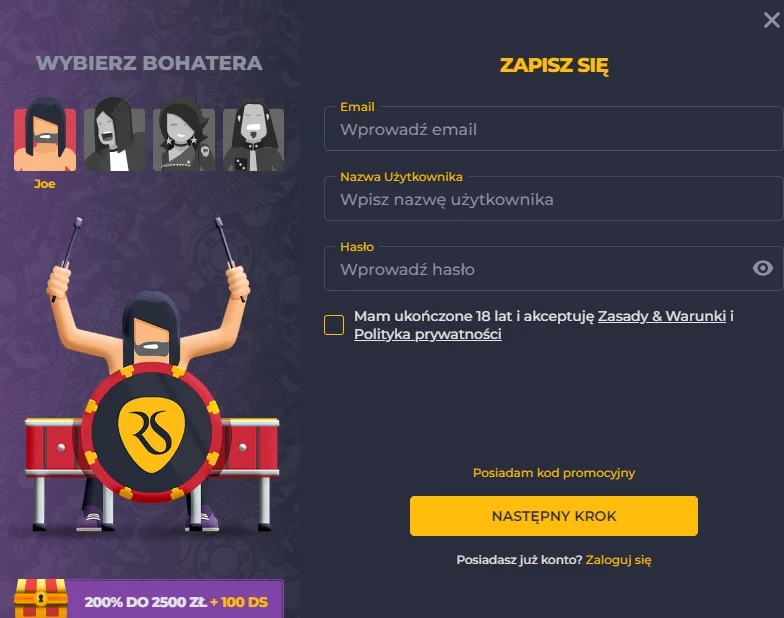 Rejestracja w kasynie Rolling Slots